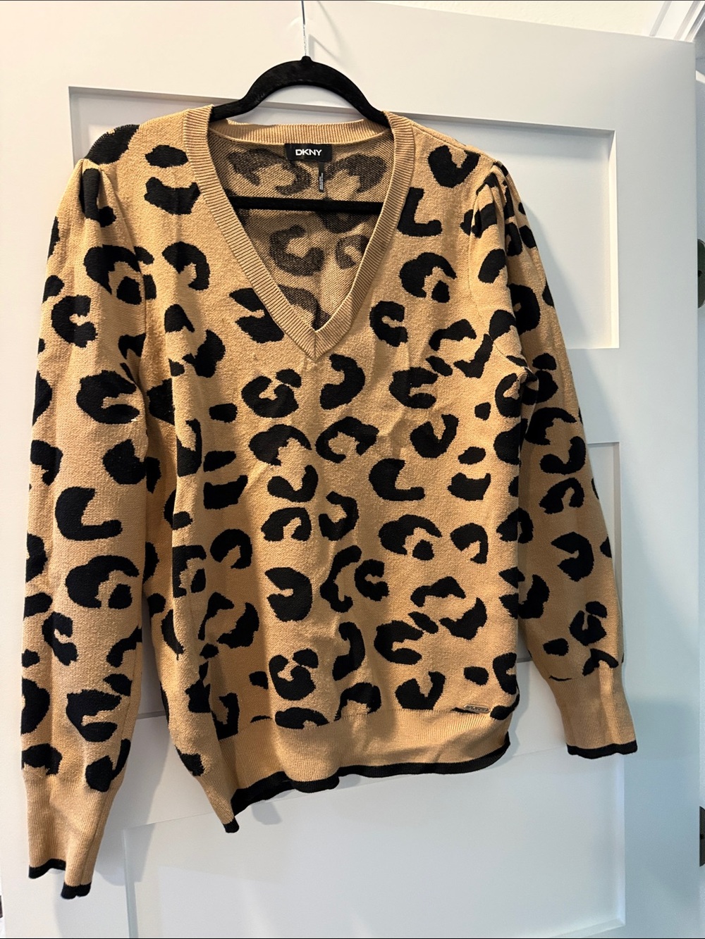 DKNYC Tan and Black Leopard-Print V-Neck Sweater